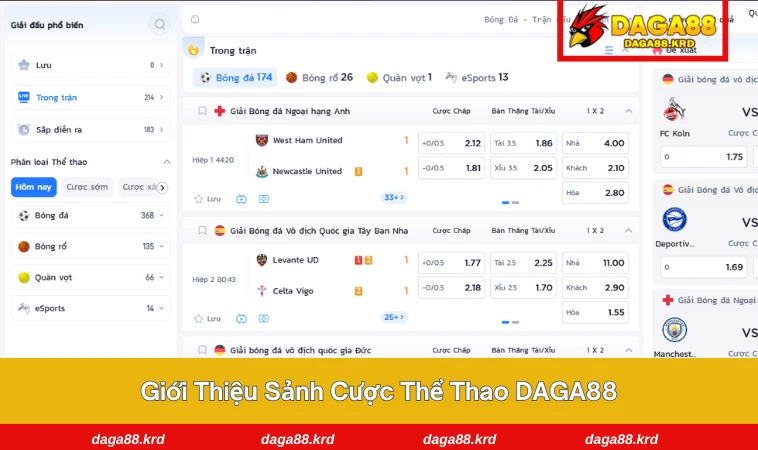 Thể Thao DAGA88 1 Sảnh cược hiển thị kèo bóng đá và tỷ lệ rõ ràng, dễ theo dõi